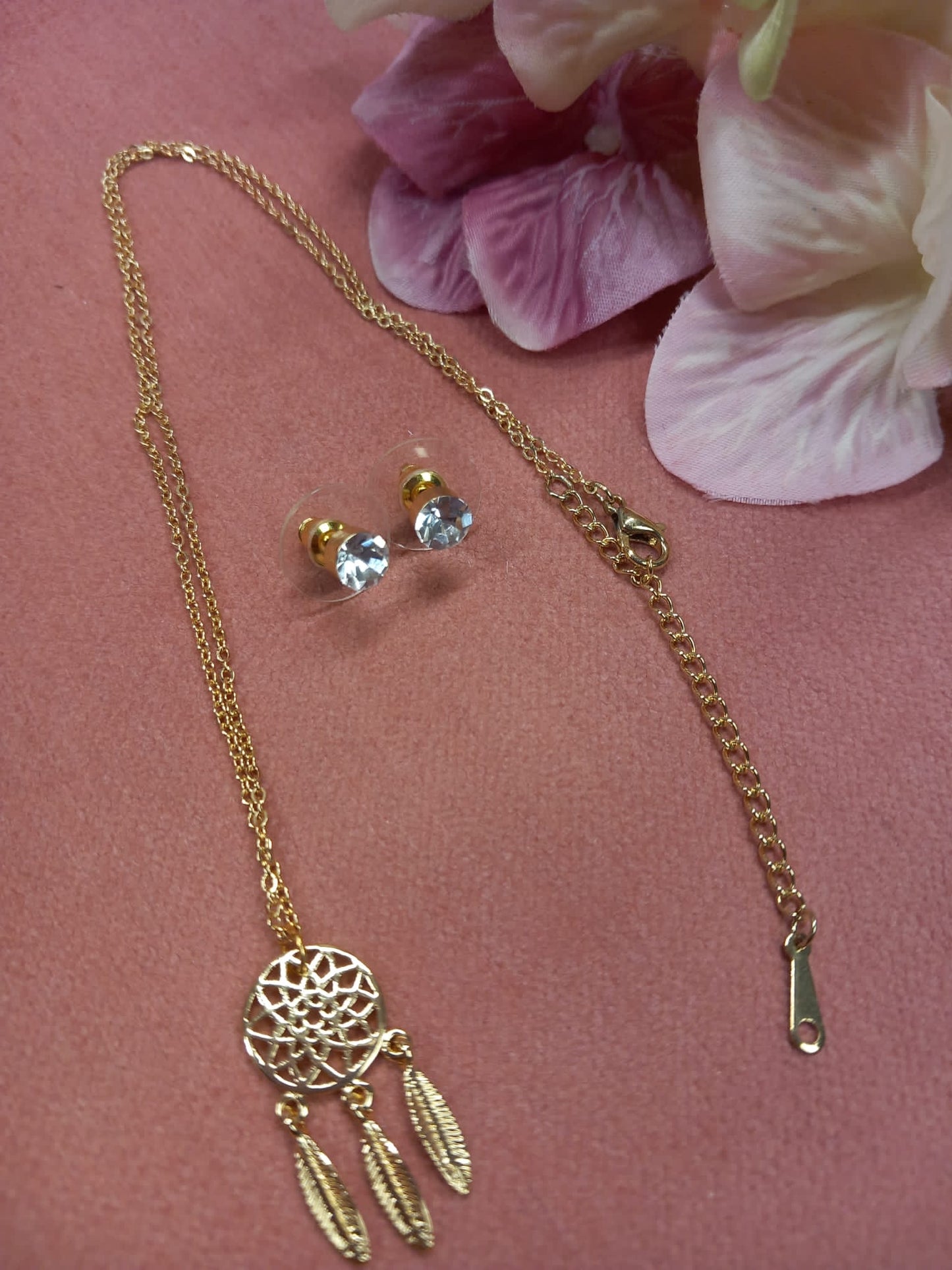 Conjunto Pendientes de Brillante Tuerca de Acero y tapon + cadena eslabones + colgante ATRAPASUEÑOS.