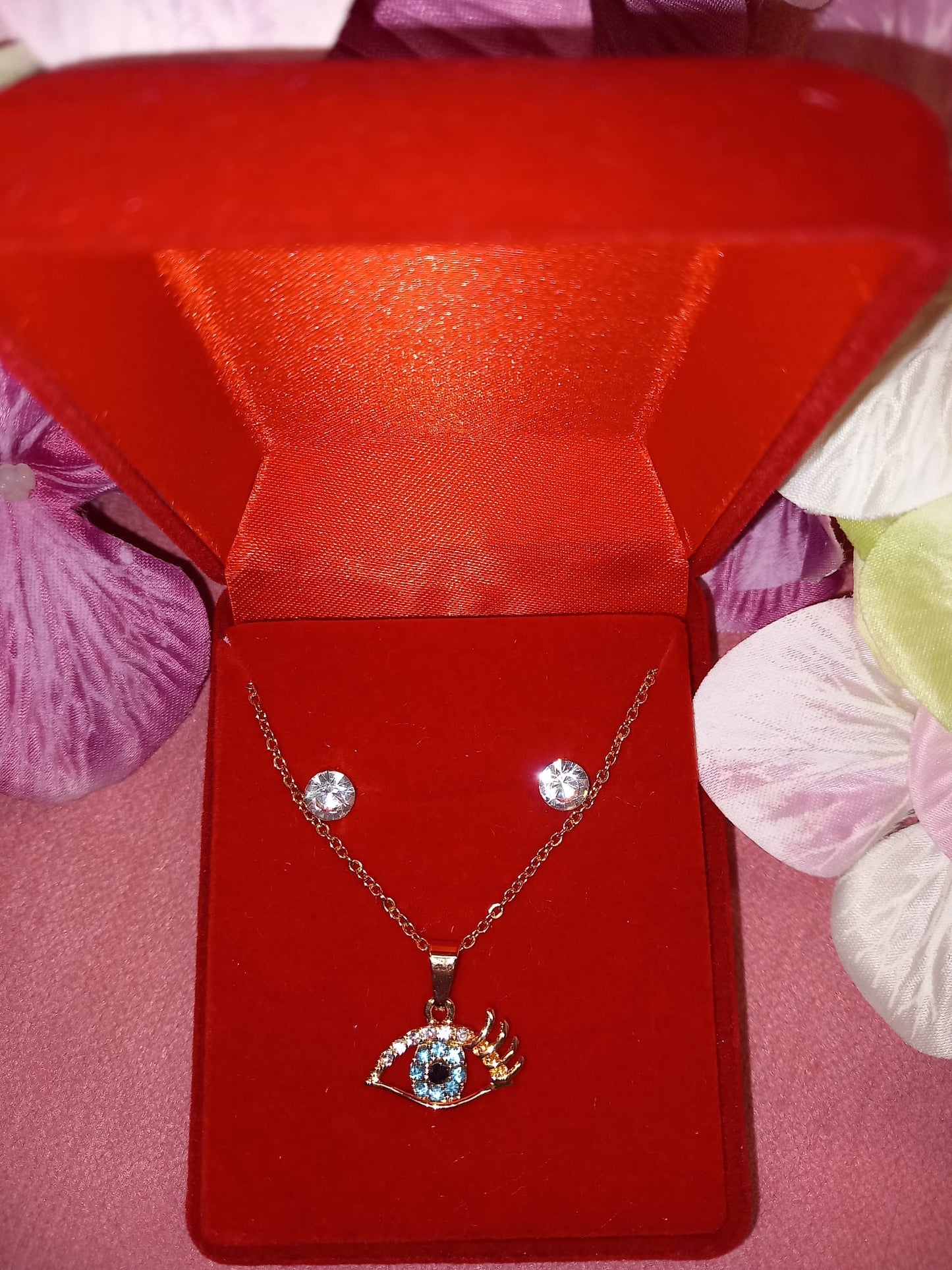 Set of earrings + chain + Swarovski effect diamond pendant EYE OF HORUS.