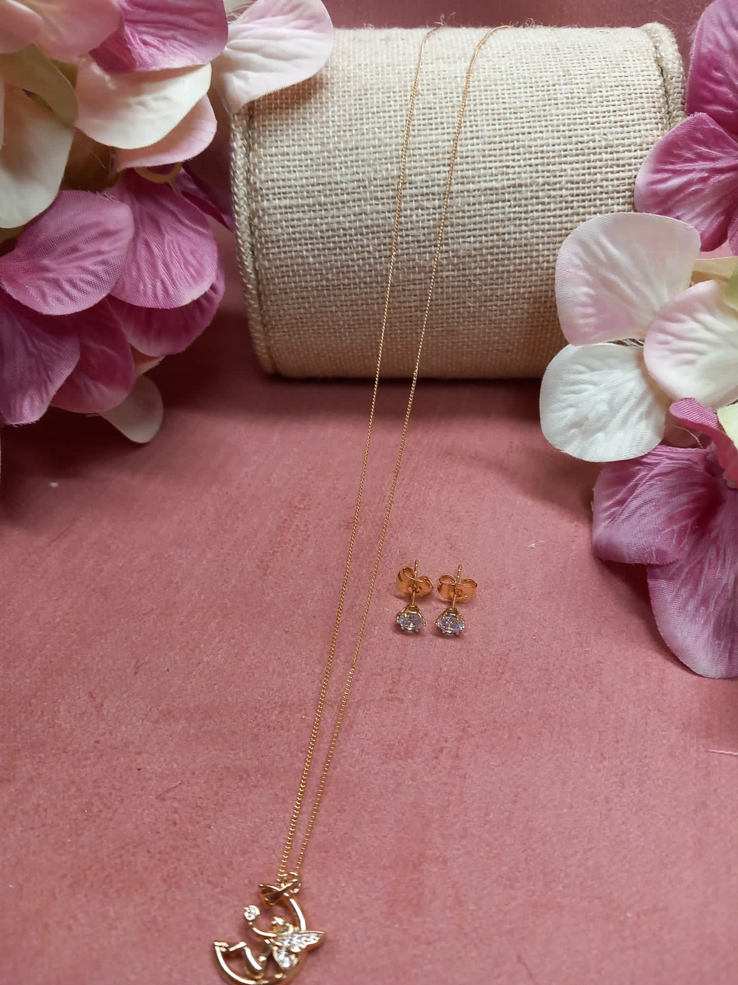 Set of Shiny Steel Nut Earrings + chain + Swarovski effect diamond pendant LUNAR FAIRY.