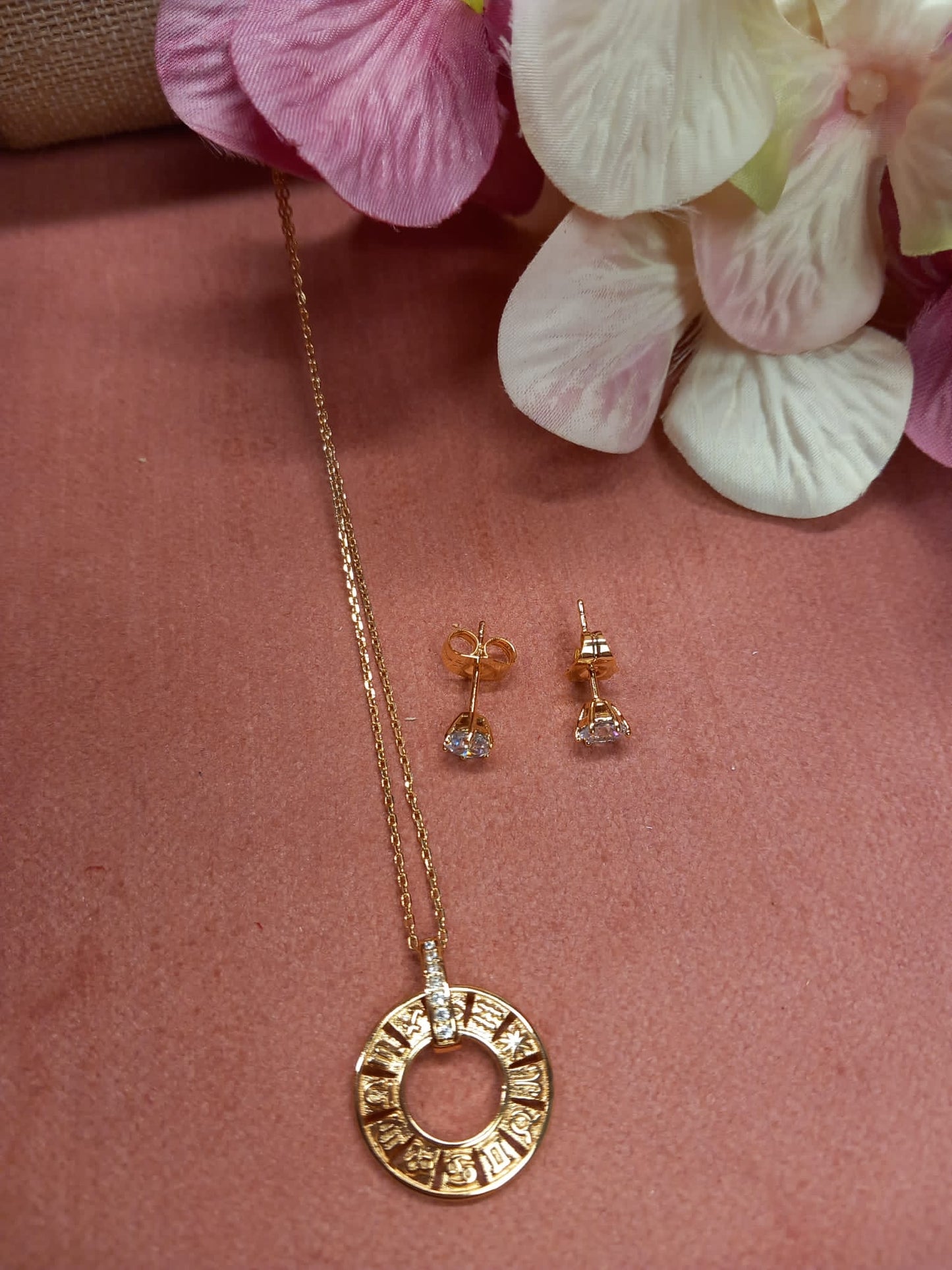 Set of Shiny Steel Nut Earrings + chain + ZODIAC CIRCLE Swarovski effect diamond pendant.