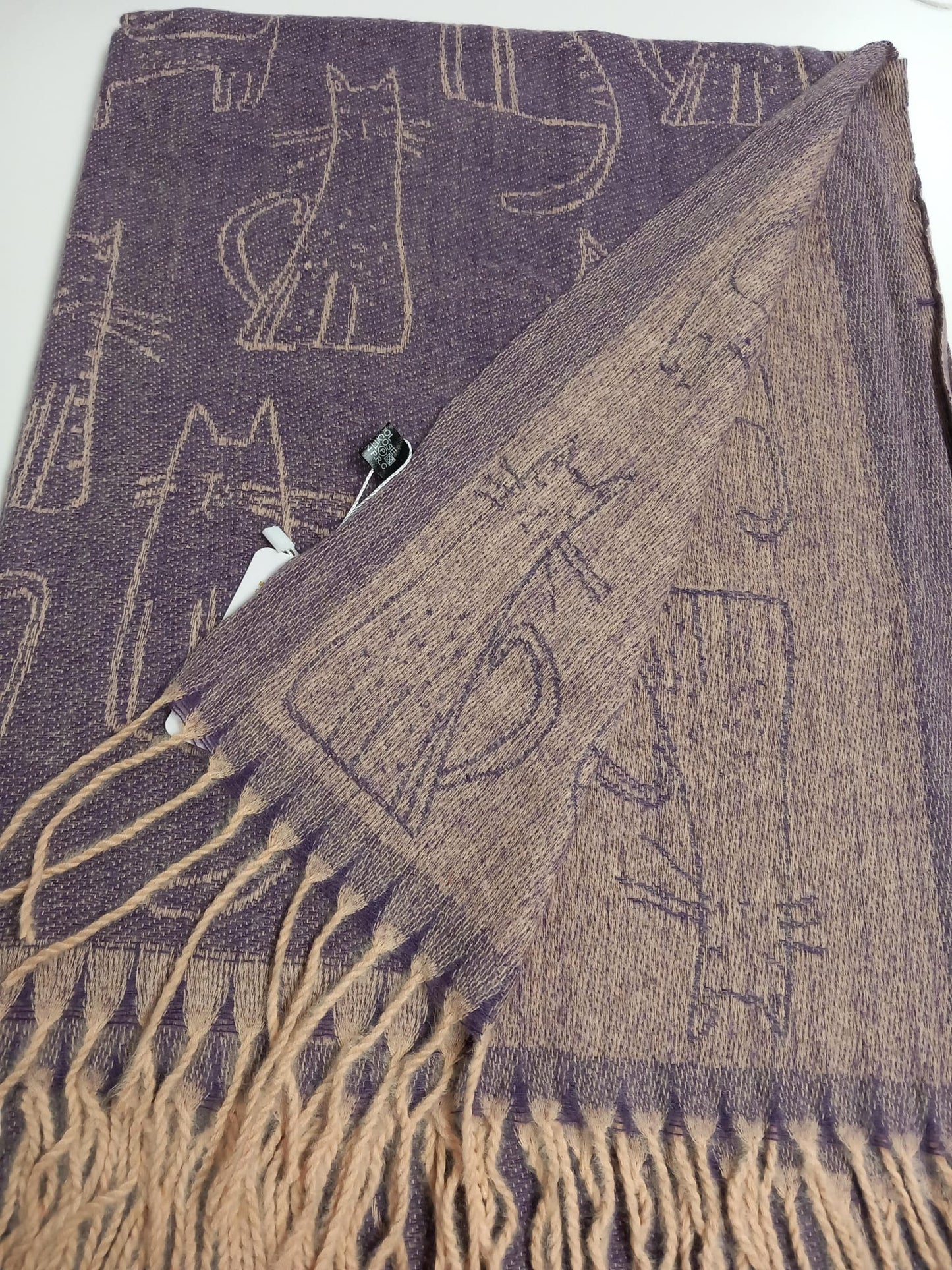 Bufanda reversible gatos en morado cashmere