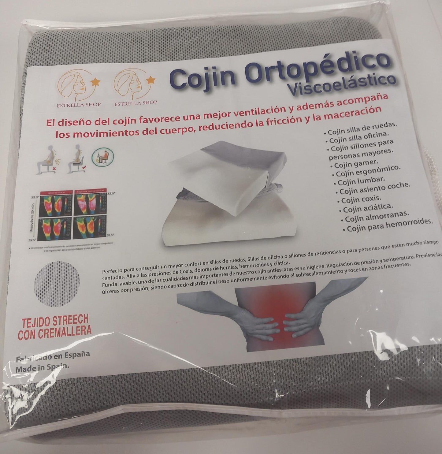 Cojín ortopédico viscoelástico con funda.
