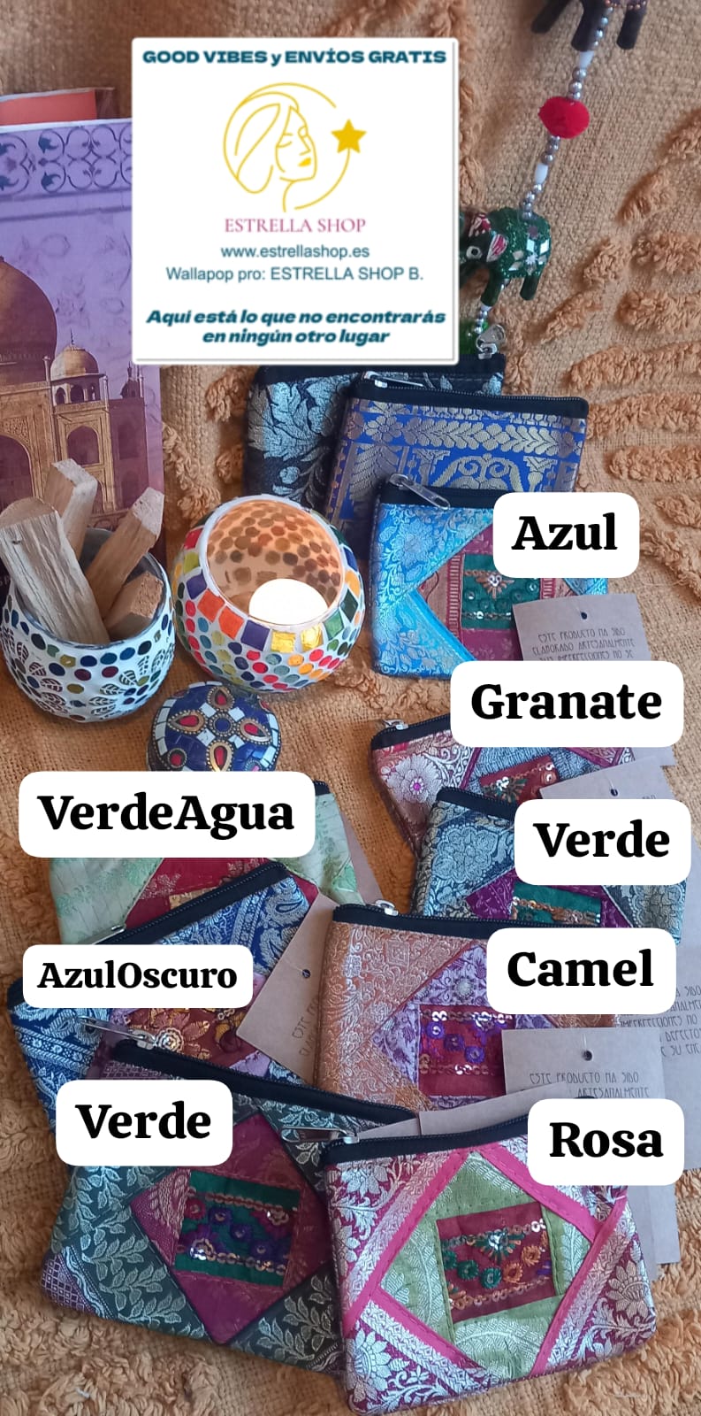 MONEDERO A ELEGIR VARANASÍ HECHO ARTESANALMENTE CON TELAS SEDOSAS Y LENTEJUELAS LLENO DE ENCANTO.ENVÍO GRATIS SIN PEDIDO MÍNIMO.