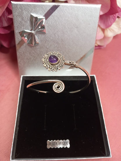 Rigid SILVER Bracelet with Authentic Amethyst in Mandala.