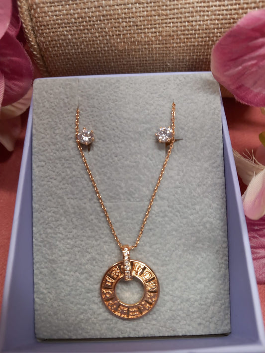 Set of Shiny Steel Nut Earrings + chain + ZODIAC CIRCLE Swarovski effect diamond pendant.