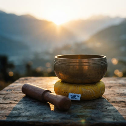 CUENCO GRABADO ARTESANAL INCLUYE ZAFU YY STICK DE MADERA.-Un instrumento ancestral con un sonido único y envolvente. El Cuenco de Bronce Grabado es una pieza artesanal elaborada en Nepal, donde cada detalle ha sido cuidadosamente trabajado para ofrecer una vibración profunda y armonizadora. Desde tiempos remotos, estos cuencos han sido utilizados por lamas y sanadores tibetanos para inducir estados de meditación, relajación y bienestar. Su acabado en bronce dorado y sus grabados tradicionales lo convierten 