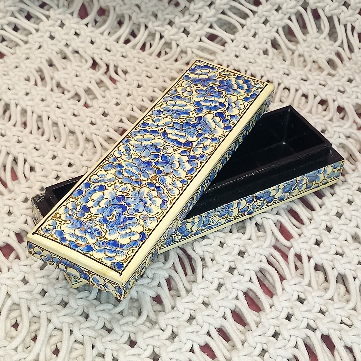 Joyero de cajita artesanía India azul y beig.Hecho a mano. Precio sin competencia. Envío Gratis.