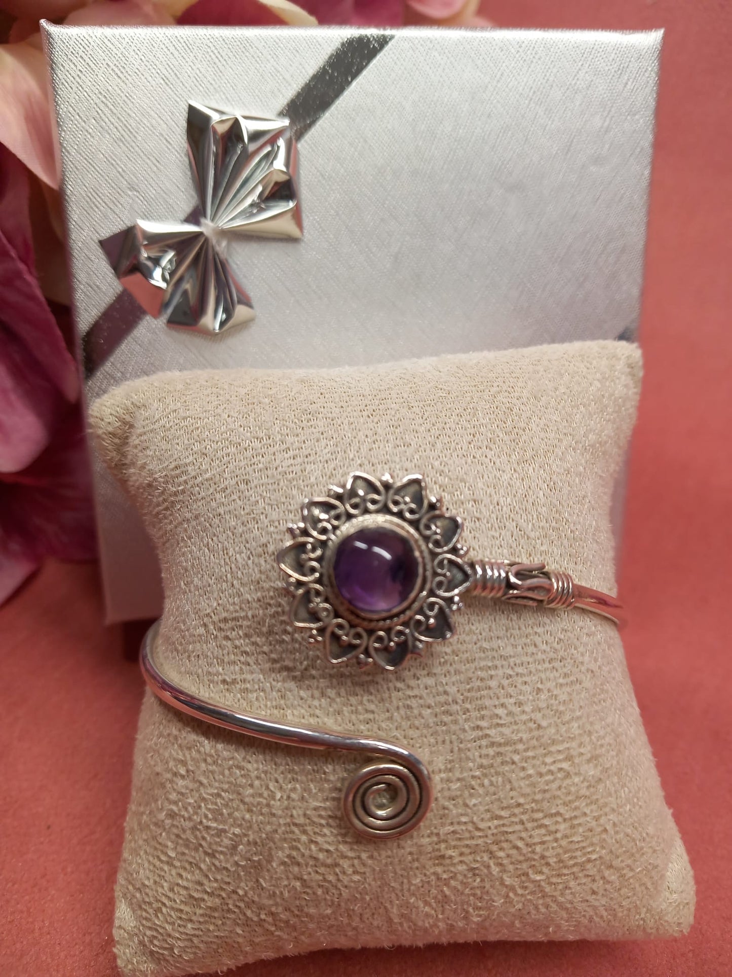 Rigid SILVER Bracelet with Authentic Amethyst in Mandala.