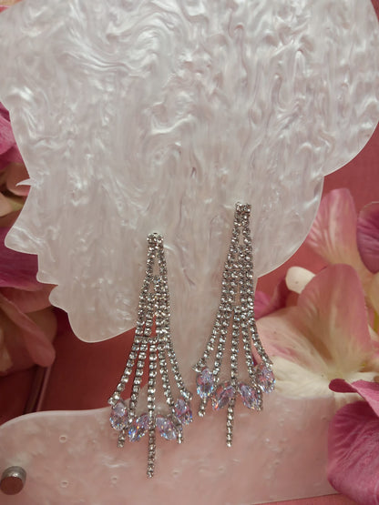 Silver glitter teardrop earrings with multi-shinestones