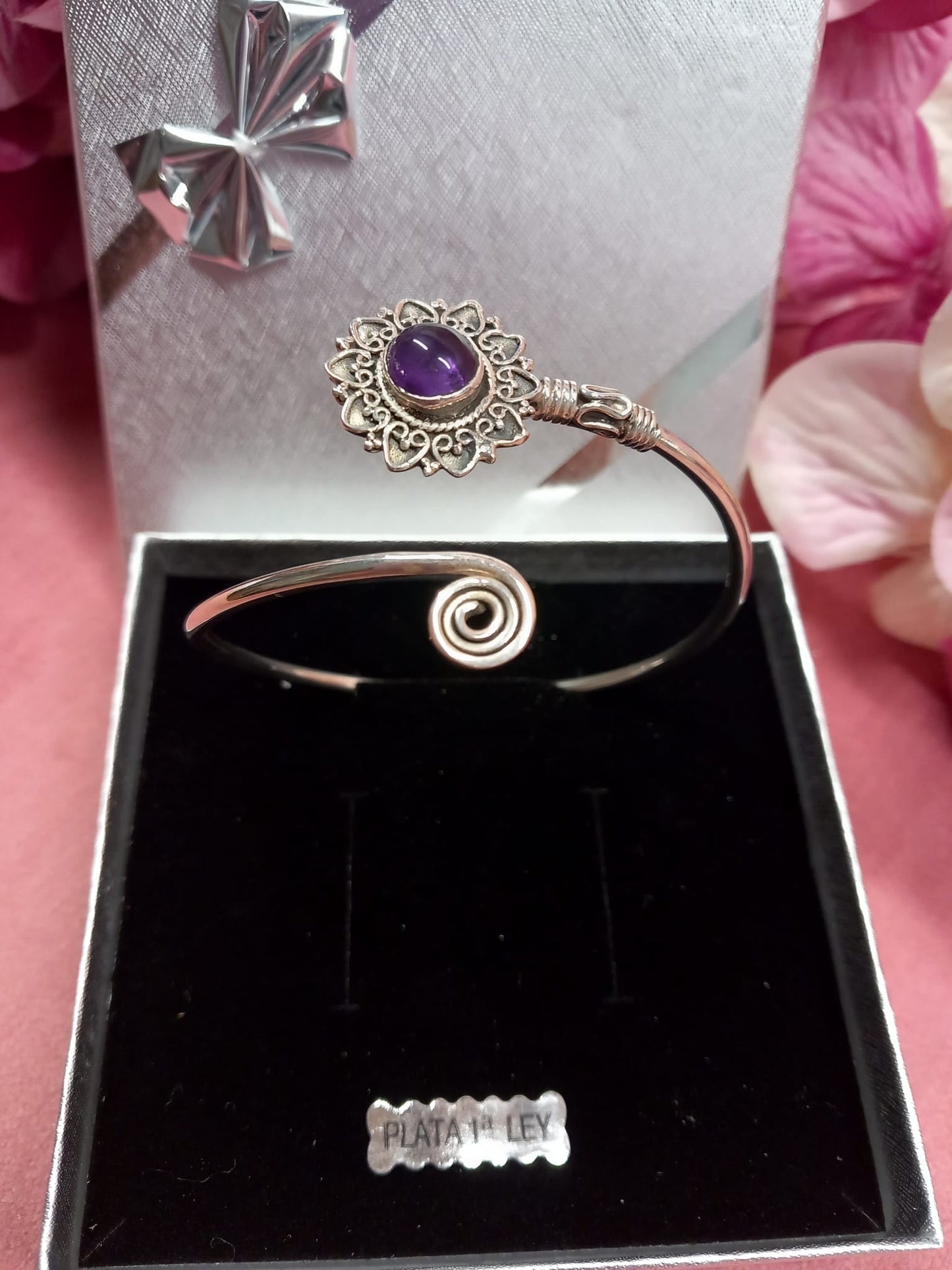 Rigid SILVER Bracelet with Authentic Amethyst in Mandala.