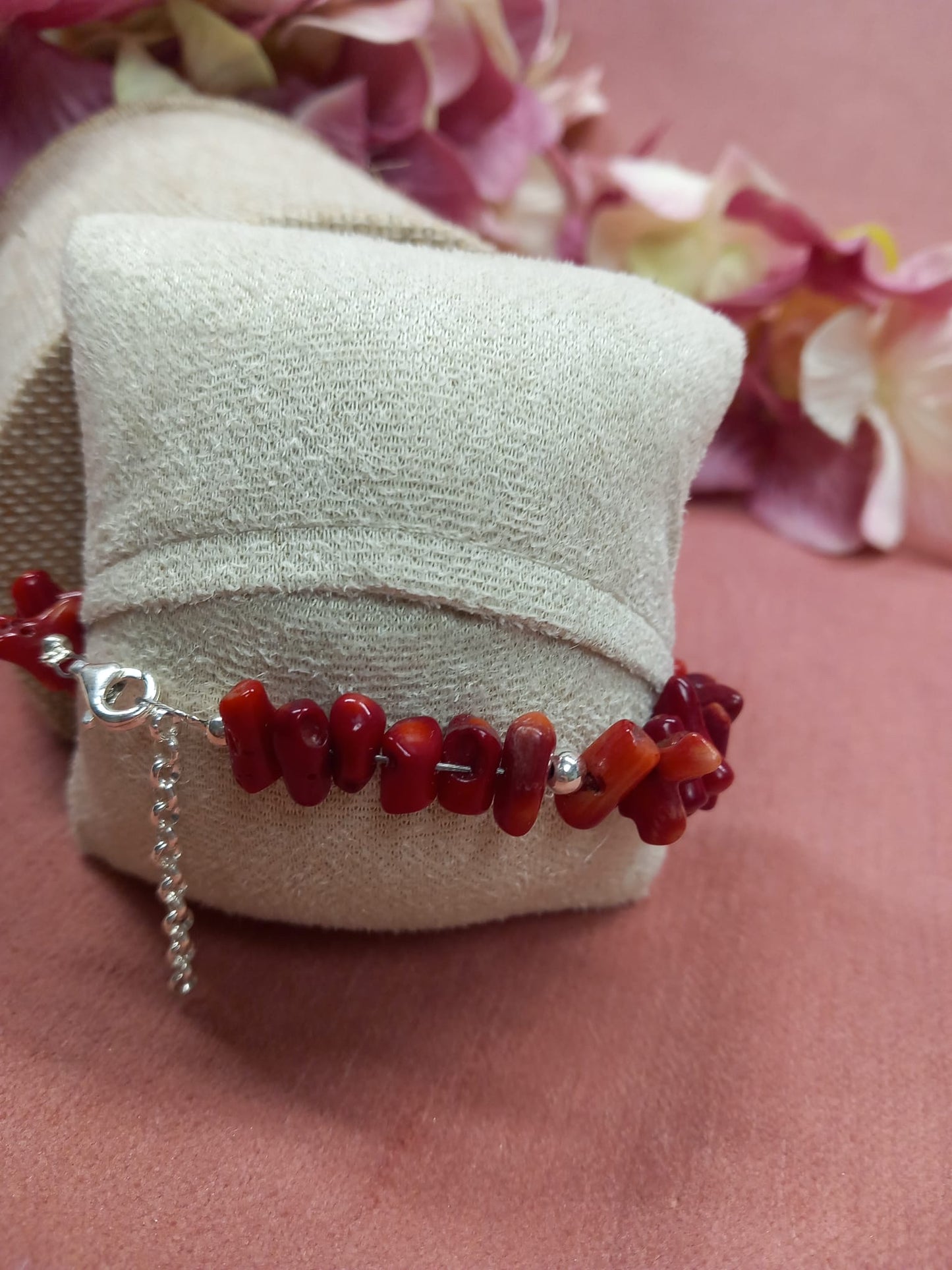 Red Coral Mix SILVER Bracelet.