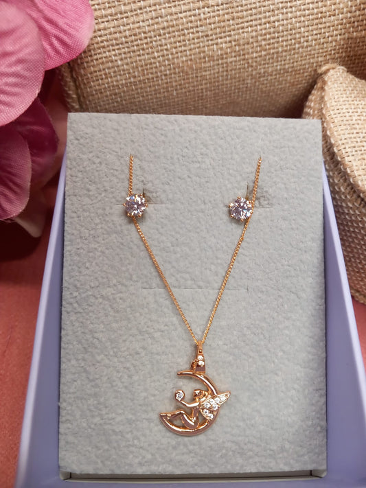 Set of Shiny Steel Nut Earrings + chain + Swarovski effect diamond pendant LUNAR FAIRY.
