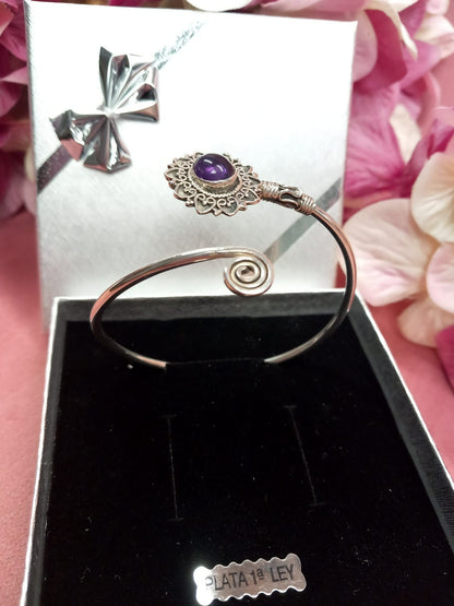 Rigid SILVER Bracelet with Authentic Amethyst in Mandala.