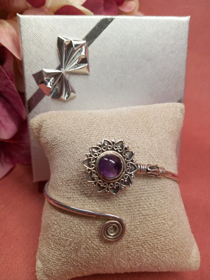 Rigid SILVER Bracelet with Authentic Amethyst in Mandala.