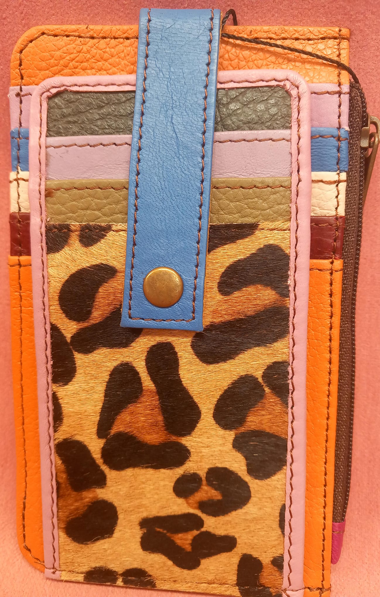 RFID card holder and MULTICOLOR flat purse made of genuine leather with a natural finish.
