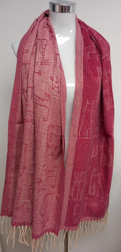 Reversible cats scarf in maroon red wine and beige