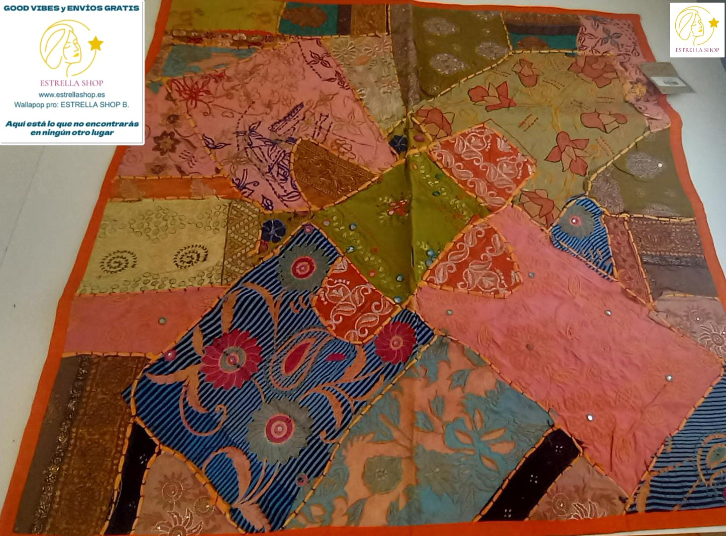 PATCHWORK TEXTIL EN TAPIZ 90X90 CONFECCIONADO ARTESANALMENTE EN INDIA.ENVÍO GRATIS SIN PEDIDO MÍNIMO.