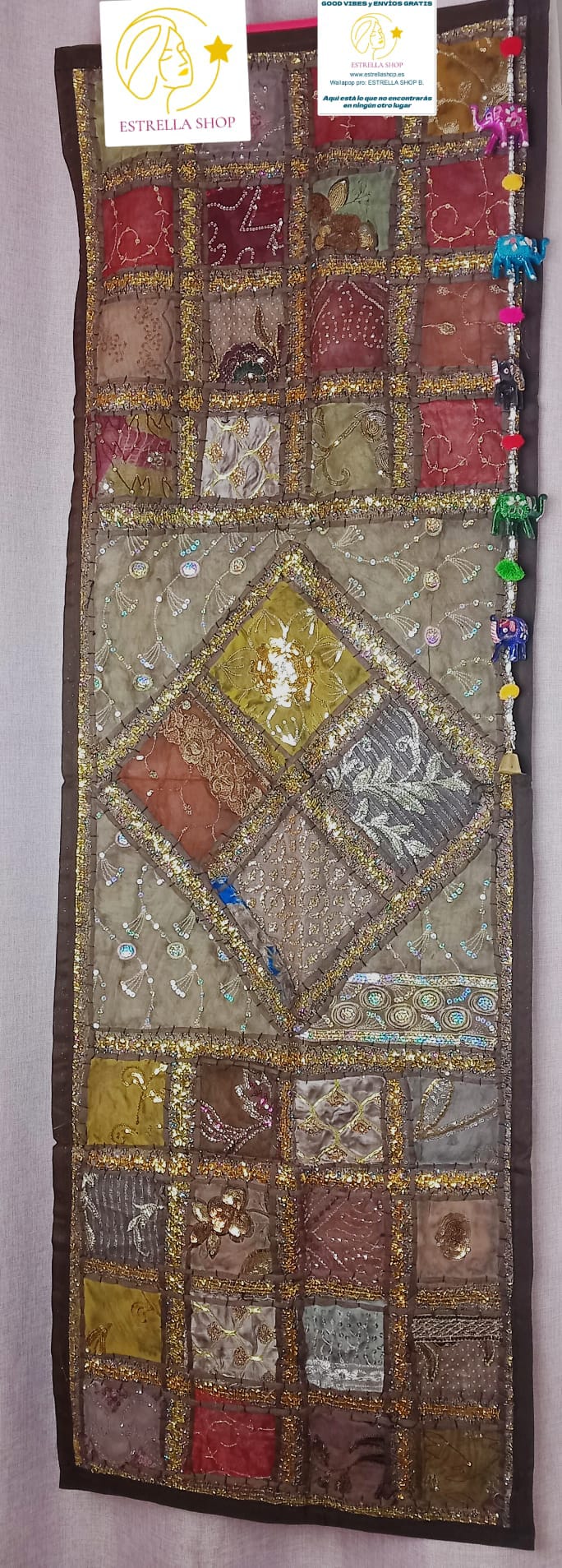 Textil Tapiz y Camino bordado patchwork elefante 90x60 cm,ENVÍO GRATIS SIN PEDIDO MÍNIMO