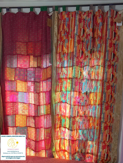 SET DE 2 CORTINAS PATCHWORK CONFECCIONADAS EN TELAS SEDOSAS MÁGICAS PORQUE SON REVERSIBLES CON SUS TRABILLAS.ENVIÓ GRATIS.