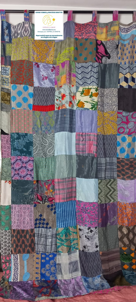 CORTINA CONFECCIONADA REVERSIBLE CON TRABILLAS EN PATCKWORK,PIEZAS VIBRANTES EN COLOR DE LA INDIA.ENVÍO GRATIS.