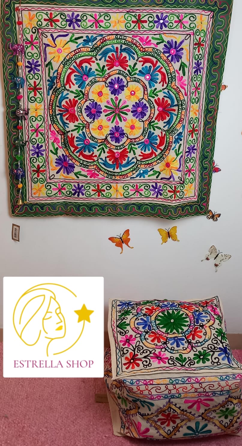 TAPIZ BORDADO A MANO JOYA TEXTIL CON ALMA BOHEMIA HECHA EN INDIA.ENVÍO GRATIS SIN PEDIDO MÍNIMO.