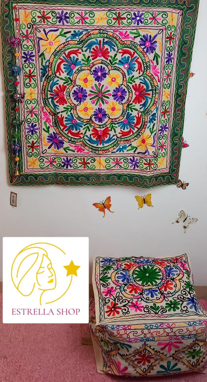 TAPIZ BORDADO A MANO JOYA TEXTIL CON ALMA BOHEMIA HECHA EN INDIA.ENVÍO GRATIS SIN PEDIDO MÍNIMO.