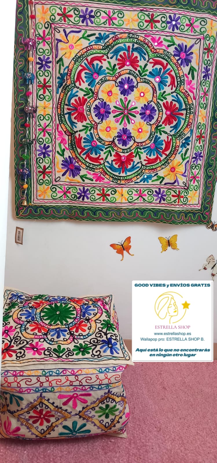 TAPIZ BORDADO A MANO JOYA TEXTIL CON ALMA BOHEMIA HECHA EN INDIA.ENVÍO GRATIS SIN PEDIDO MÍNIMO.