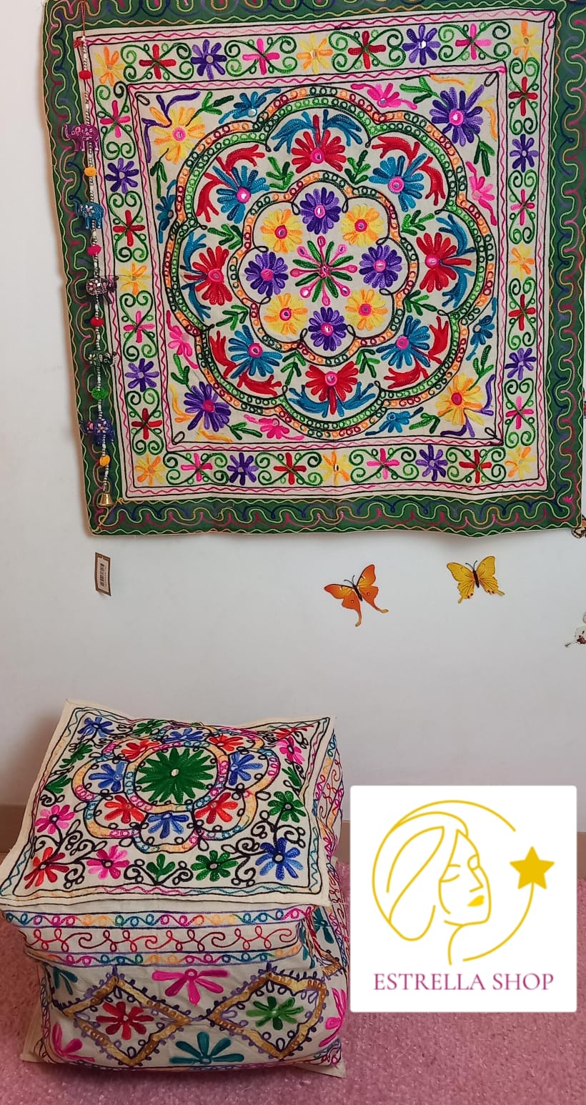TAPIZ BORDADO A MANO JOYA TEXTIL CON ALMA BOHEMIA HECHA EN INDIA.ENVÍO GRATIS SIN PEDIDO MÍNIMO.
