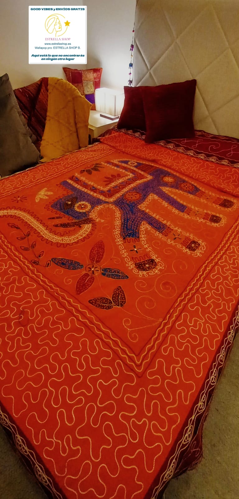 CUBRECAMA DOBLE 200X260 CON ELEFANTES SÍMBOLO DE BUENA SUERTE Y PROTECCIÓN EN LA CULTURA INDIA.ENVÍO GRATIS SIN PEDIDO MÍNIMO.