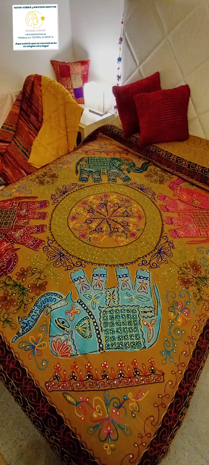 CUBRECAMA DOBLE 200X260 CON ELEFANTES SÍMBOLO DE BUENA SUERTE Y PROTECCIÓN EN LA CULTURA INDIA.ENVÍO GRATIS SIN PEDIDO MÍNIMO.