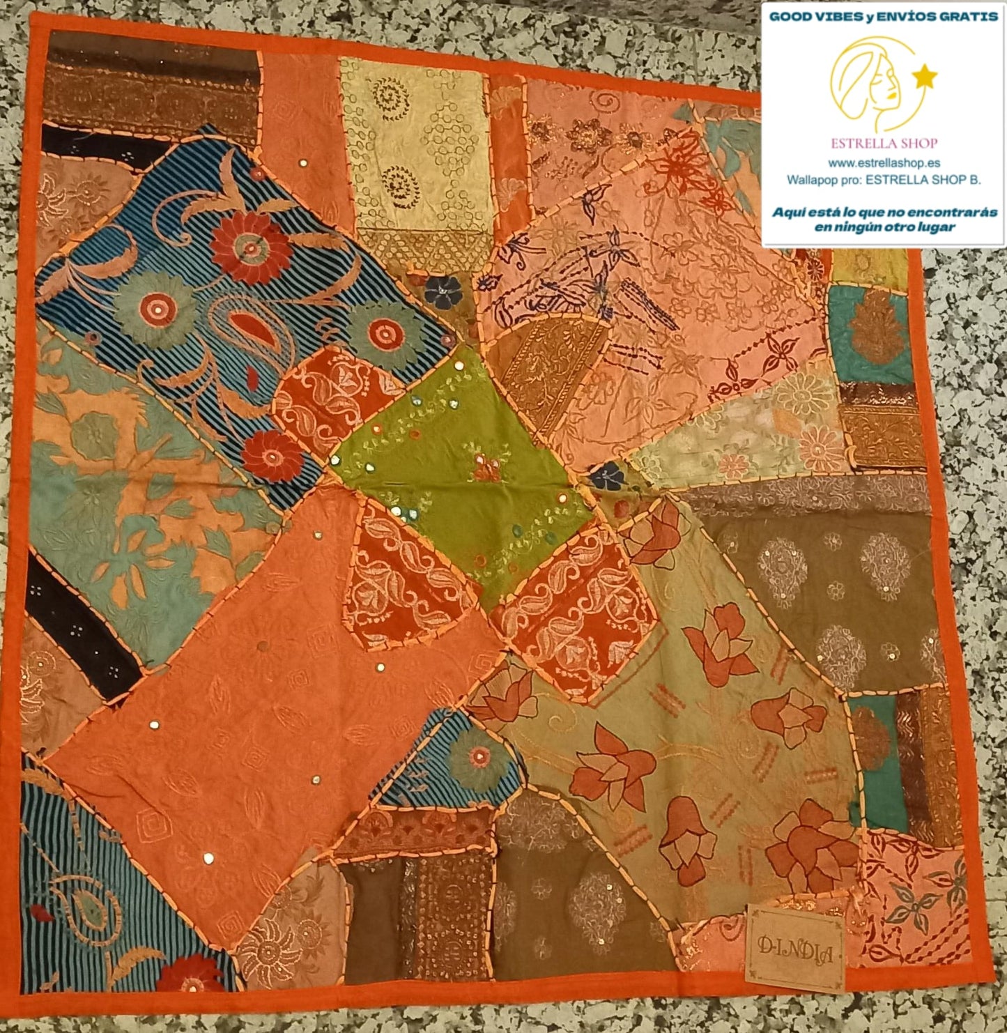 PATCHWORK TEXTIL EN TAPIZ 90X90 CONFECCIONADO ARTESANALMENTE EN INDIA.ENVÍO GRATIS SIN PEDIDO MÍNIMO.