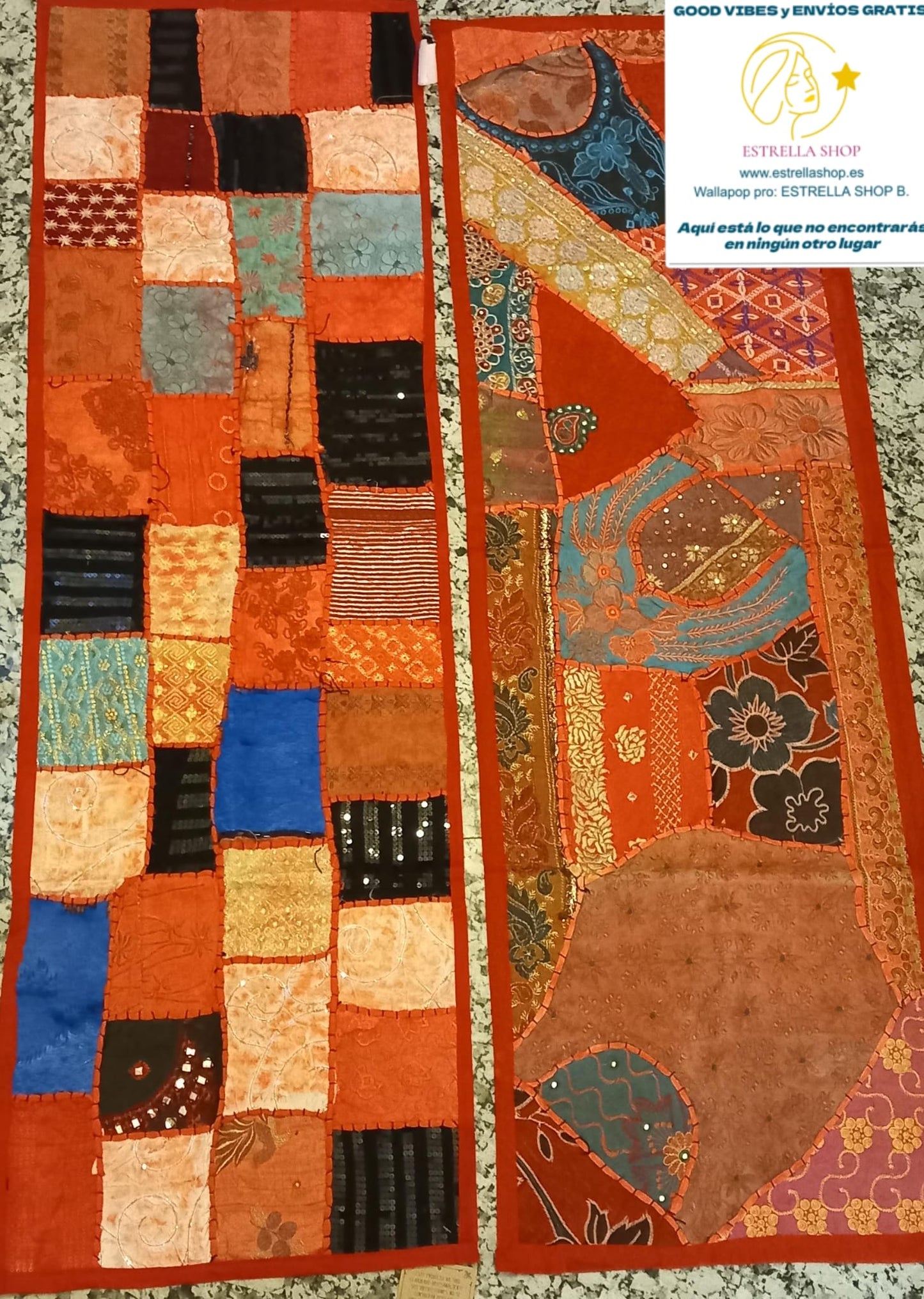 Camino de Mesa Pach. 45cmx145cm.Envío Gratis.Artículo etnico artesanía india. Precio sin competencia.Modelo Cuadros.