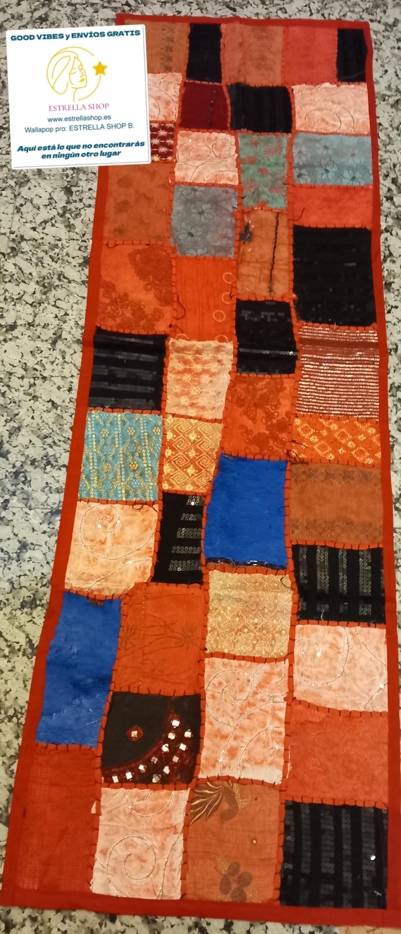 Camino de Mesa Pach. 45cmx145cm.Envío Gratis.Artículo etnico artesanía india. Precio sin competencia.Modelo Cuadros.