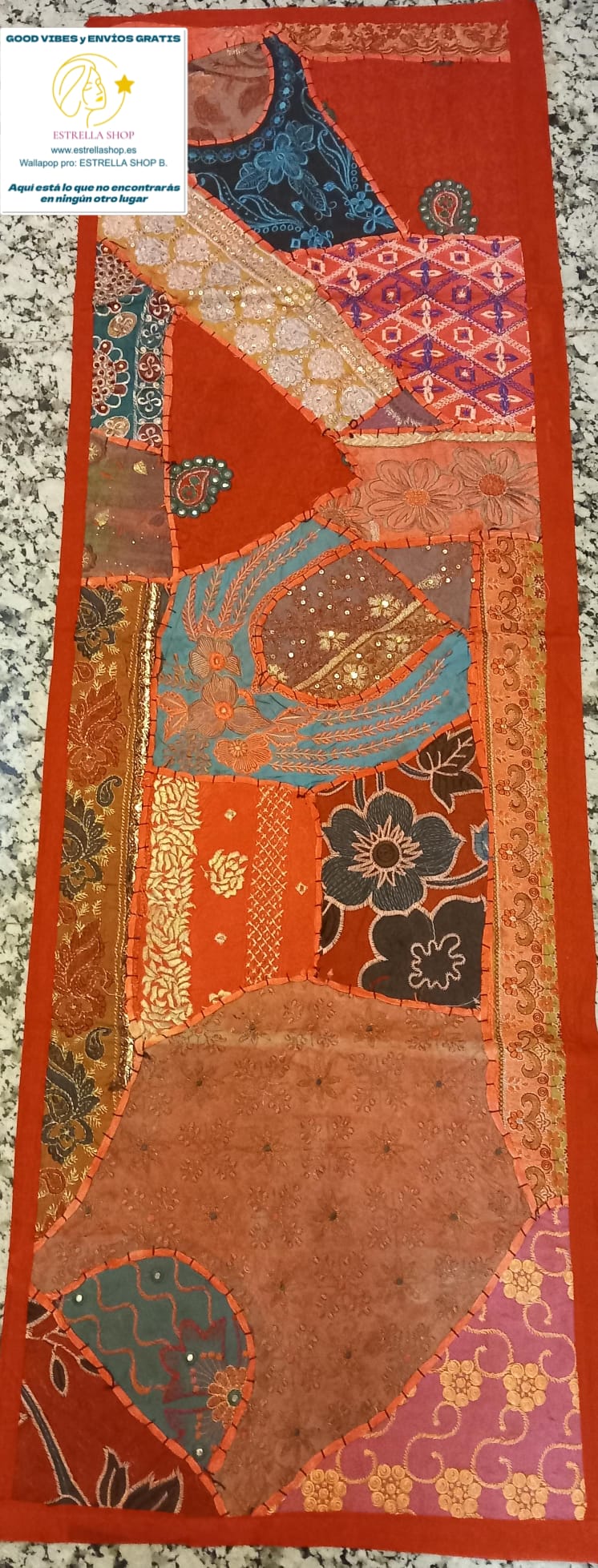 Camino de Mesa Pach. 45cmx145cm.Envío Gratis.Artículo etnico artesanía india. Precio sin competencia.Modelo Loto.