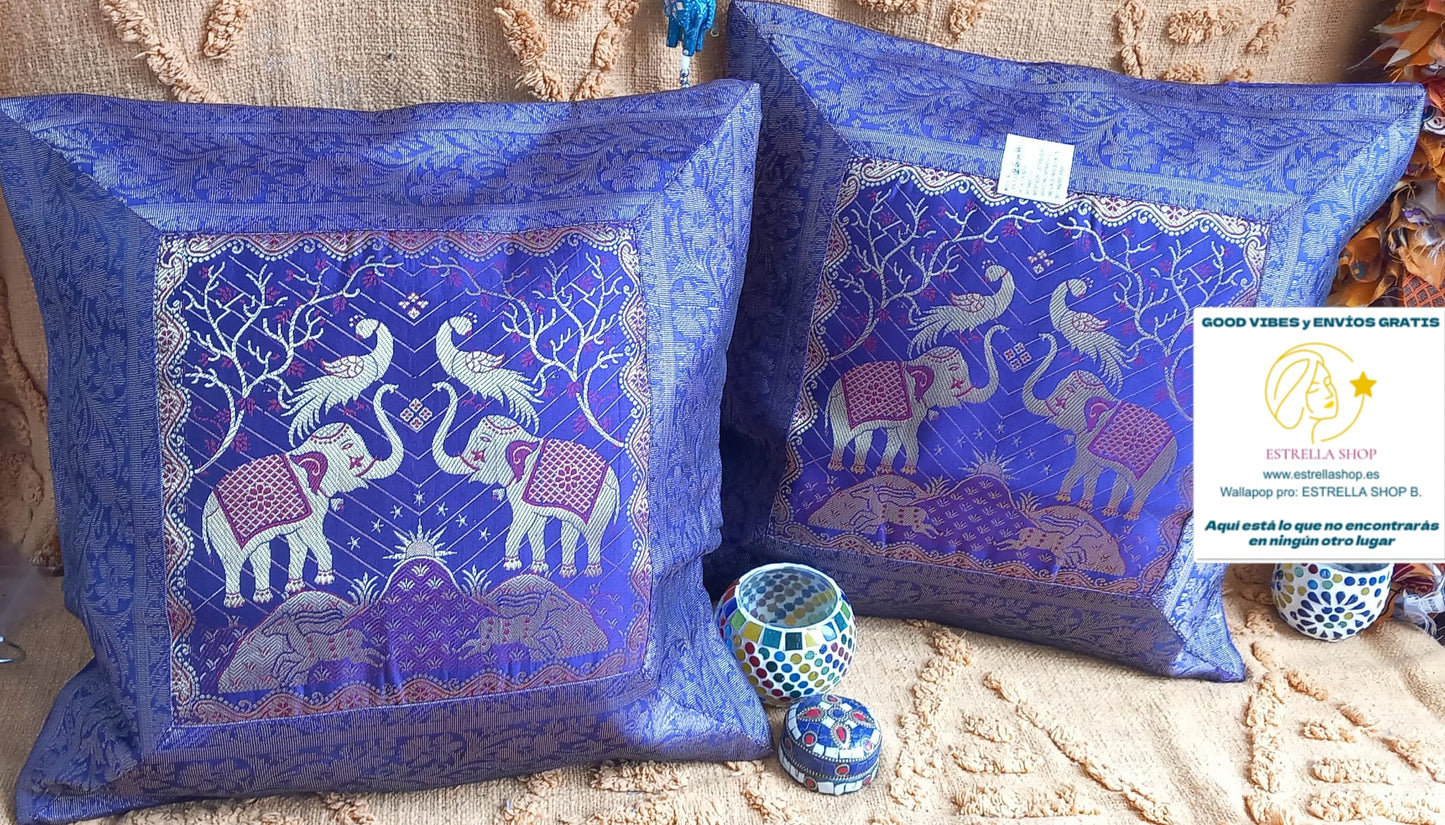PACK 2 FUNDAS DE COJÍN CON CREMALLERA ELEFANTE MORADO Y DORADO. BOHEMIO Y ARTESANAL CON ALMA.ENVÍO GRATIS SIN PEDIDO MÍNIMO.