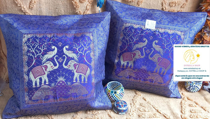 PACK 2 FUNDAS DE COJÍN CON CREMALLERA ELEFANTE MORADO Y DORADO. BOHEMIO Y ARTESANAL CON ALMA.ENVÍO GRATIS SIN PEDIDO MÍNIMO.