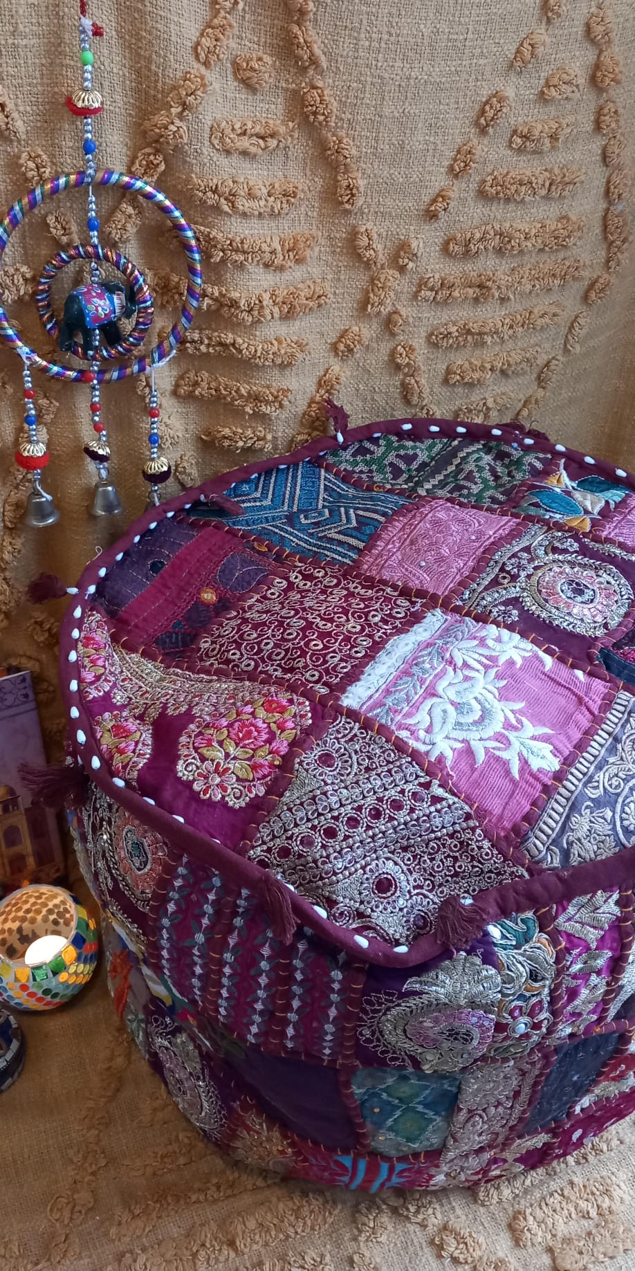 PUFF PATCHWORK REDONDO 45CM, CON ALMA Y CON ENVÍO GRATIS SIN PEDIDO MÍNIMO.