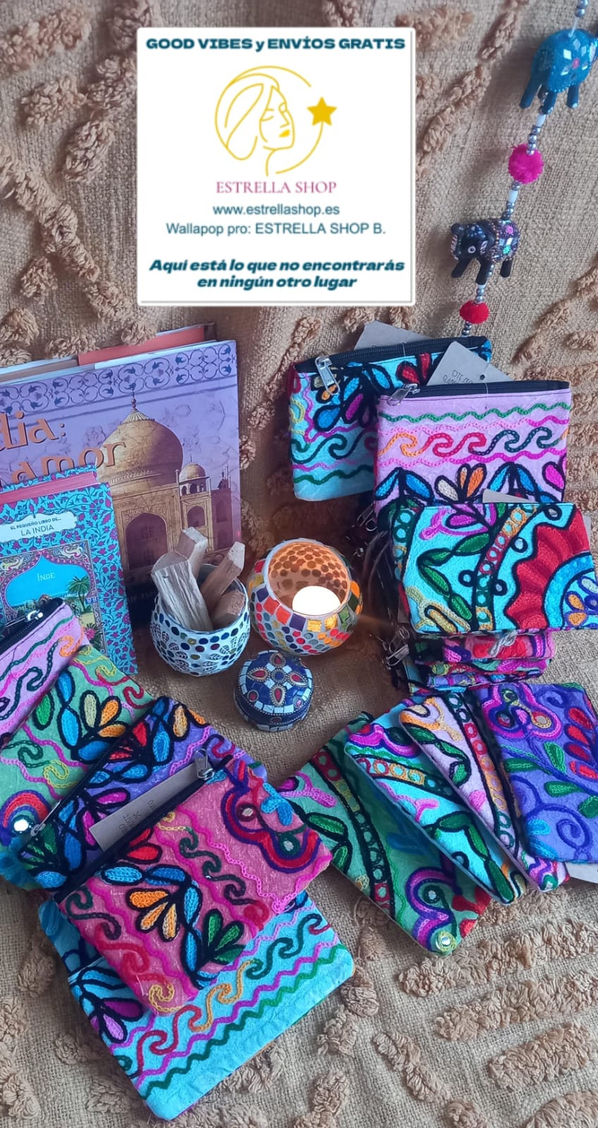 Monederos étnicos bordados artesanía India.Envío Gratis.Precio sin competencia.