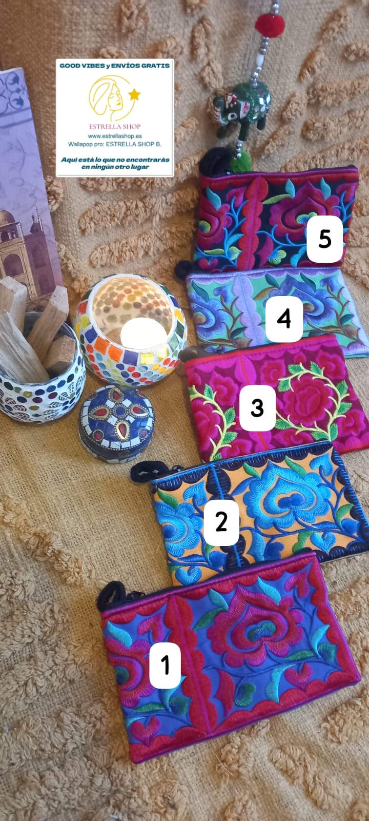 MONEDERO O NECESER 15X10CM BORDADO EN COLORES INDIA ALEGRE.ENVÍO GRATIS SIN PEDIDO MÍNIMO.