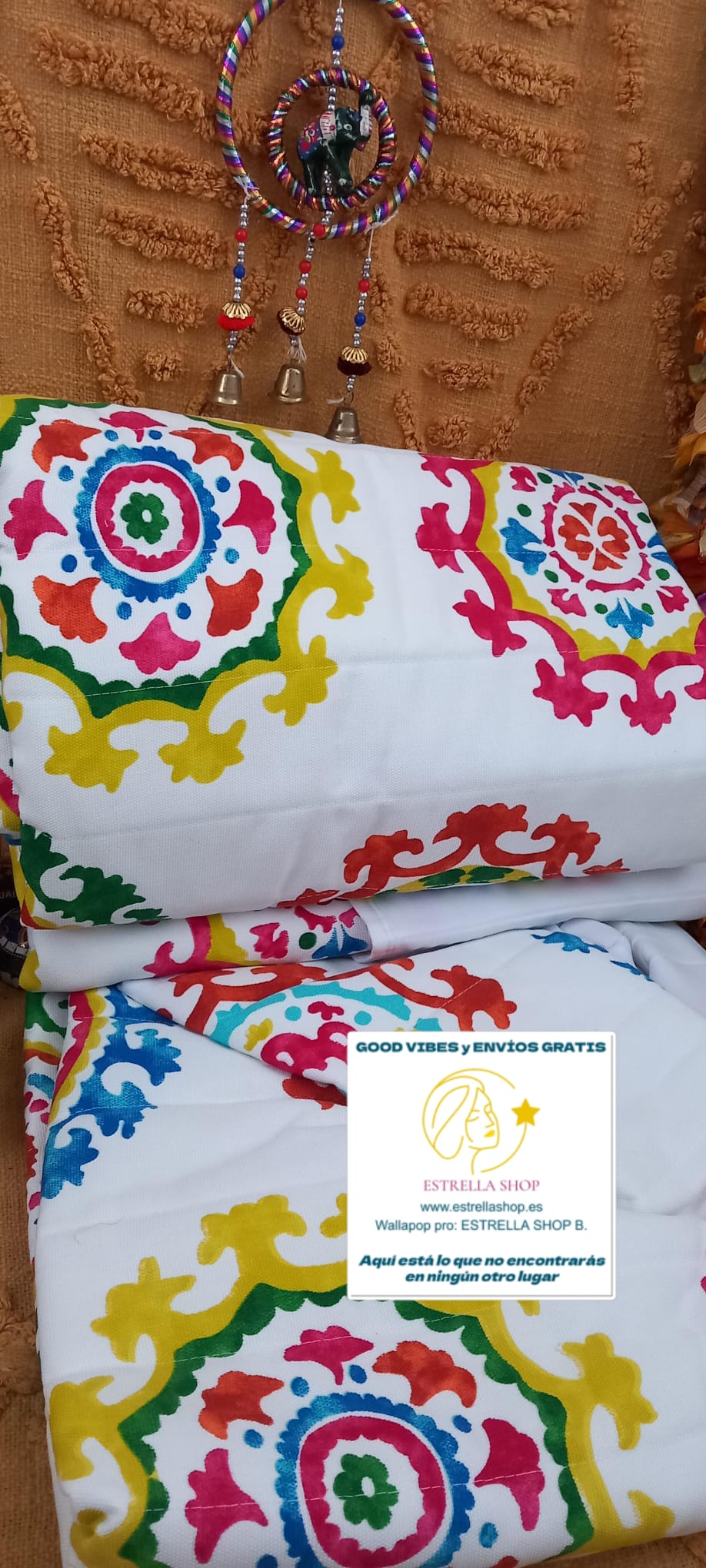 CUBRECAMA ACOLCHADO 180X270 MANDALAS DE COLORES 100%ALGODÓN INDIO.ENVÍO GRATIS SIN PEDIDO MÍNIMO.