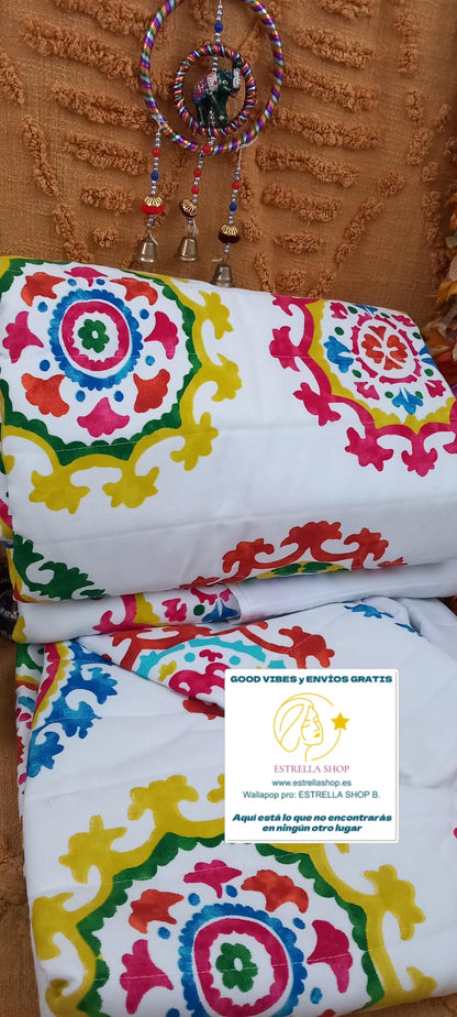 CUBRECAMA ACOLCHADO 180X270 MANDALAS DE COLORES 100%ALGODÓN INDIO.ENVÍO GRATIS SIN PEDIDO MÍNIMO.