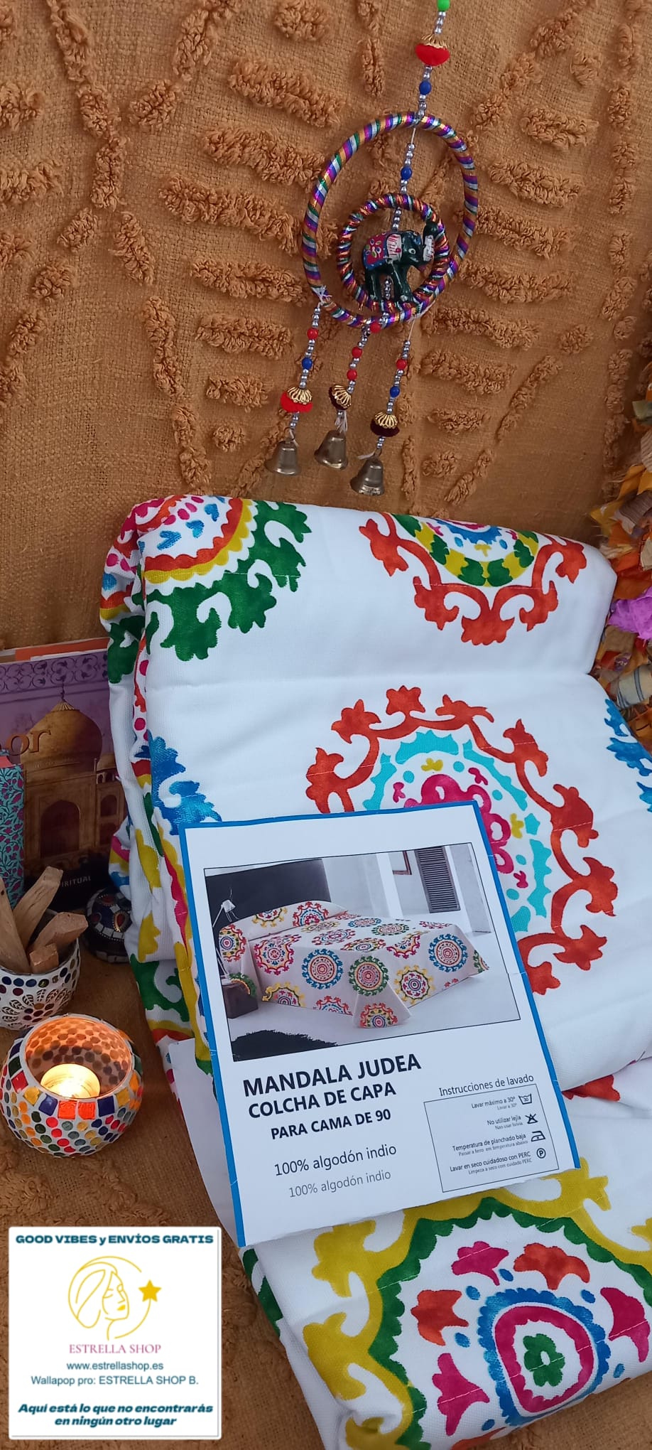 CUBRECAMA ACOLCHADO 180X270 MANDALAS DE COLORES 100%ALGODÓN INDIO.ENVÍO GRATIS SIN PEDIDO MÍNIMO.