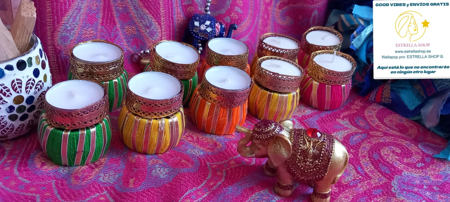 JUEGO DE 2 PORTAVELAS ORIGINALES Y ARTESANALMENTE HECHO A MANO EN INDIA INSPIRADO EN LA ALEGRÍA Y LA BUENA ENERGÍA DE LAS CELEBRACIONES VIBRANTES Y ESPECIALES.ENVÍO GRATIS.