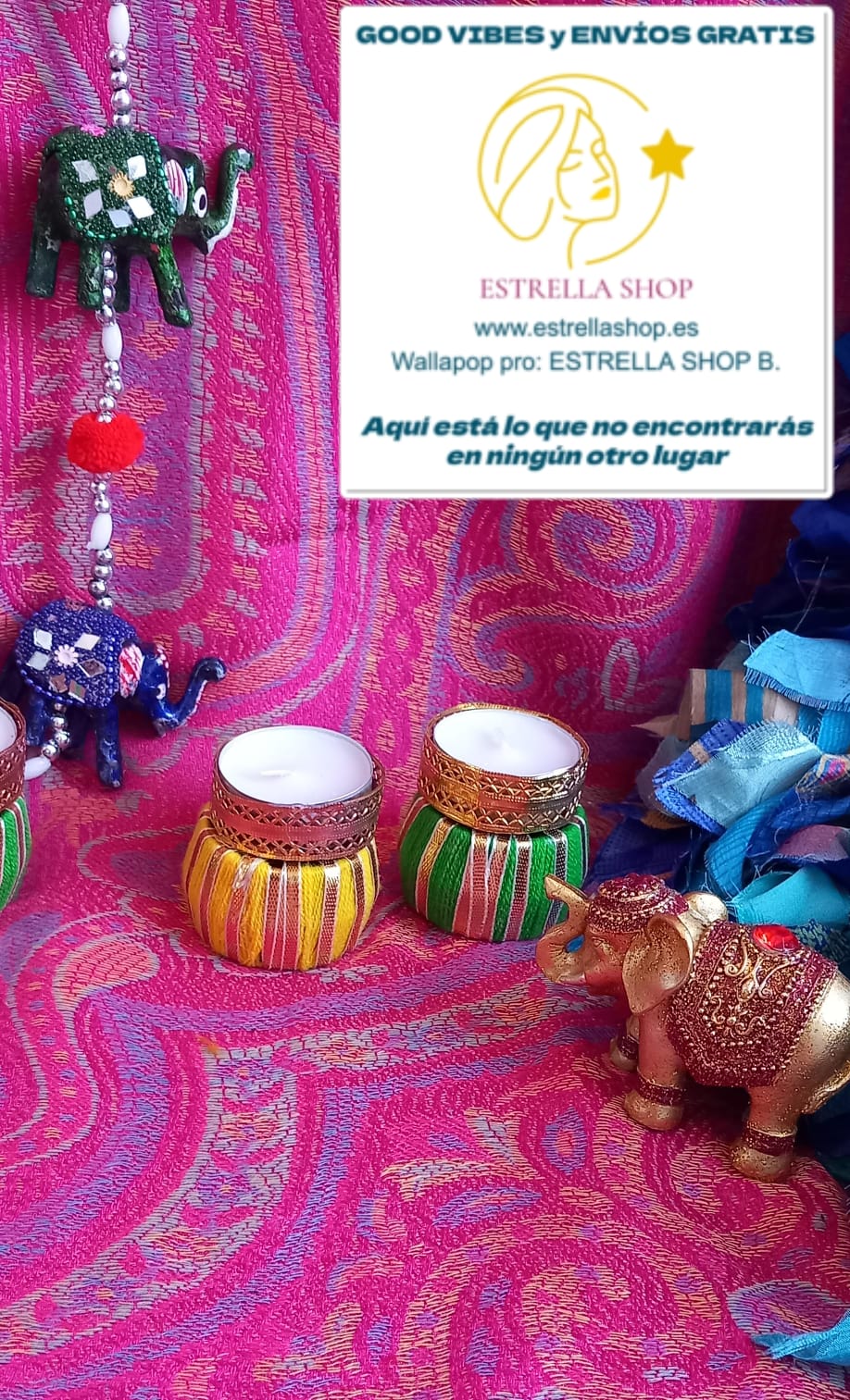 JUEGO DE 2 PORTAVELAS. Pieza original que llena de color y significado cualquier espacio. Este portavelas artesanal está inspirado en la energía y la alegría de las celebraciones tradicionales, combinando hilos decorativos con detalles dorados que aportan un aire cálido y confortable. Un objeto exclusivo que transmite espiritualidad, tradición y estética bohemia.