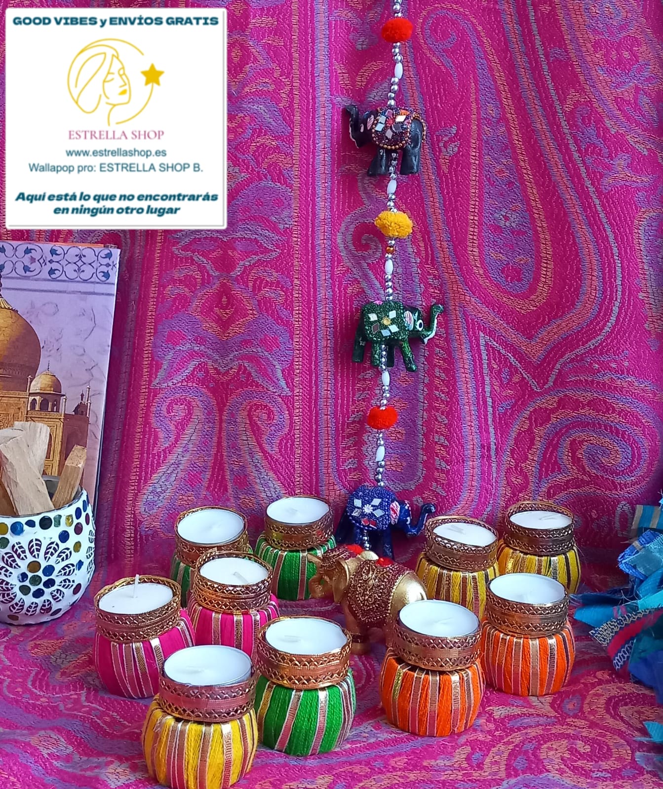 JUEGO DE 2 PORTAVELAS ORIGINALES Y ARTESANALMENTE HECHO A MANO EN INDIA INSPIRADO EN LA ALEGRÍA Y LA BUENA ENERGÍA DE LAS CELEBRACIONES VIBRANTES Y ESPECIALES.ENVÍO GRATIS.