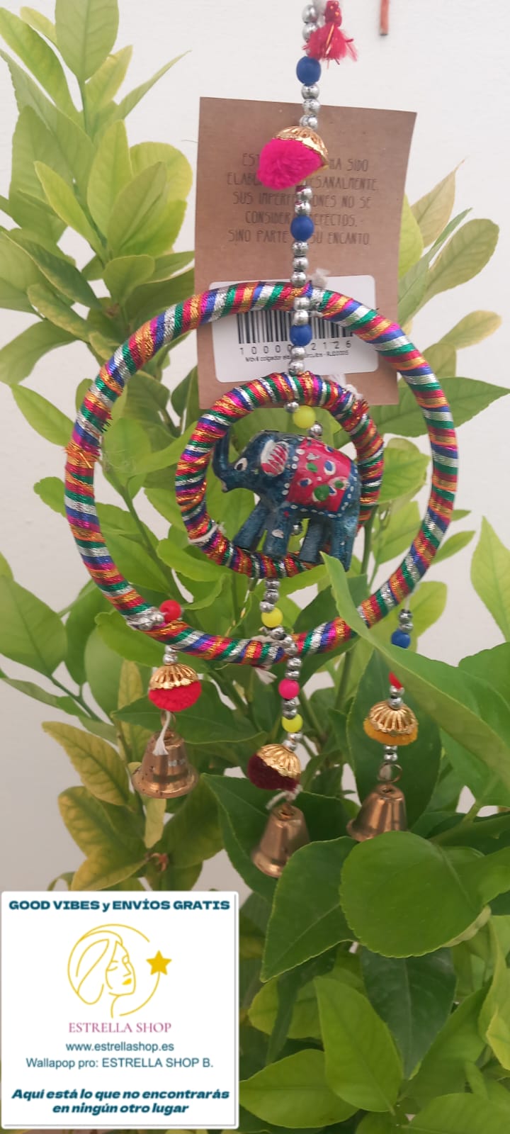 MÓVIL DECORATIVO ELABORADO ARTESANALMENTE EN INDIA CON ELEFANTE Y ESTRUCTURA CIRCULAR ES UN DETALLE ESPECIAL Y VIBRANTE. ENVÍO GRATIS SIN PEDIDO MÍNIMO.