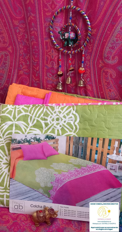 COLCHA CUBRECAMA BOUTI MANDALAS 235X270CM Y 2 FUNDAS COJIN 60X60CM REVERSIBLE LISA.ENVÍO GRATIS SIN PEDIDO MÍNIMO.
