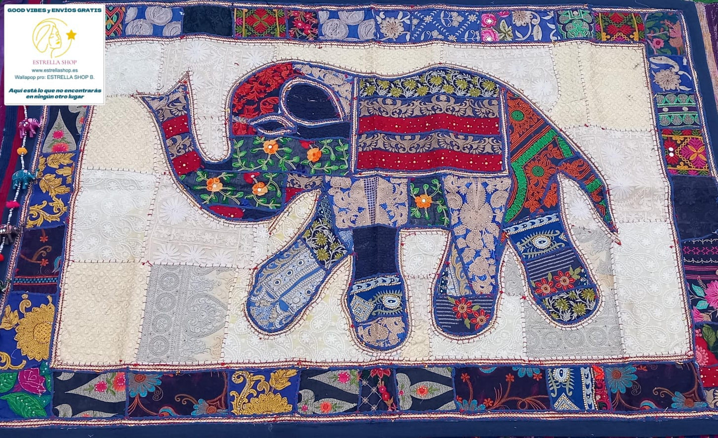 Tapiz bordado a mano y patchwork elefante 150x100cm,textiles que hablan por sí mimos.ENVÍO GRATIS SIN PEDIDO MÍNIMO.