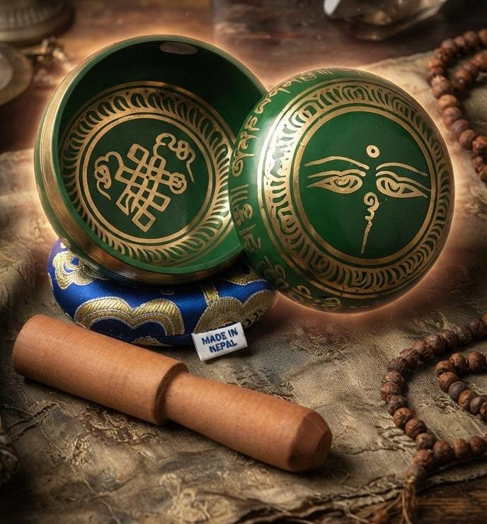 CUENCO CON MANTRAS CHAKRA VERDE UNA JOYA MÍSTICA Y DECORATIVA INCLUYE ZAFU Y STICK DE MADERA ENVÍO GRATIS SIN PEDIDO MÍNIMO