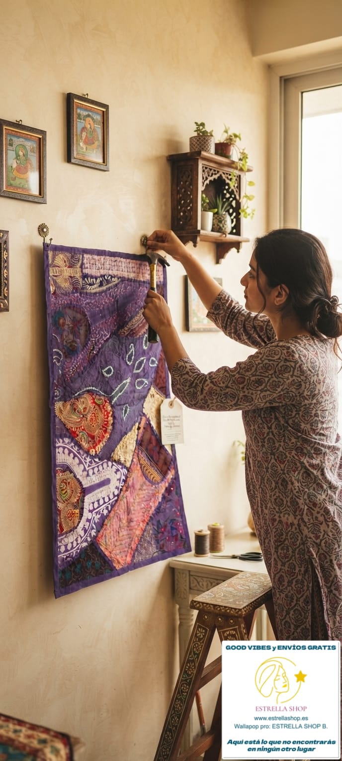 Un clásico del arte textil reinventado con un toque exótico y exclusivo. El tapiz patchwork de 90x60 cm está confeccionado artesanalmente con retales bordados en algodón, creando composiciones únicas con flores, formas geométricas y pequeños abalorios brillantes. Cada pieza tiene su propio carácter, con un ribete en tono coordinado que enmarca el diseño y lo convierte en una joya decorativa. Ideal para colgar, usar como camino de mesa o sobre un mueble que quieras destacar.